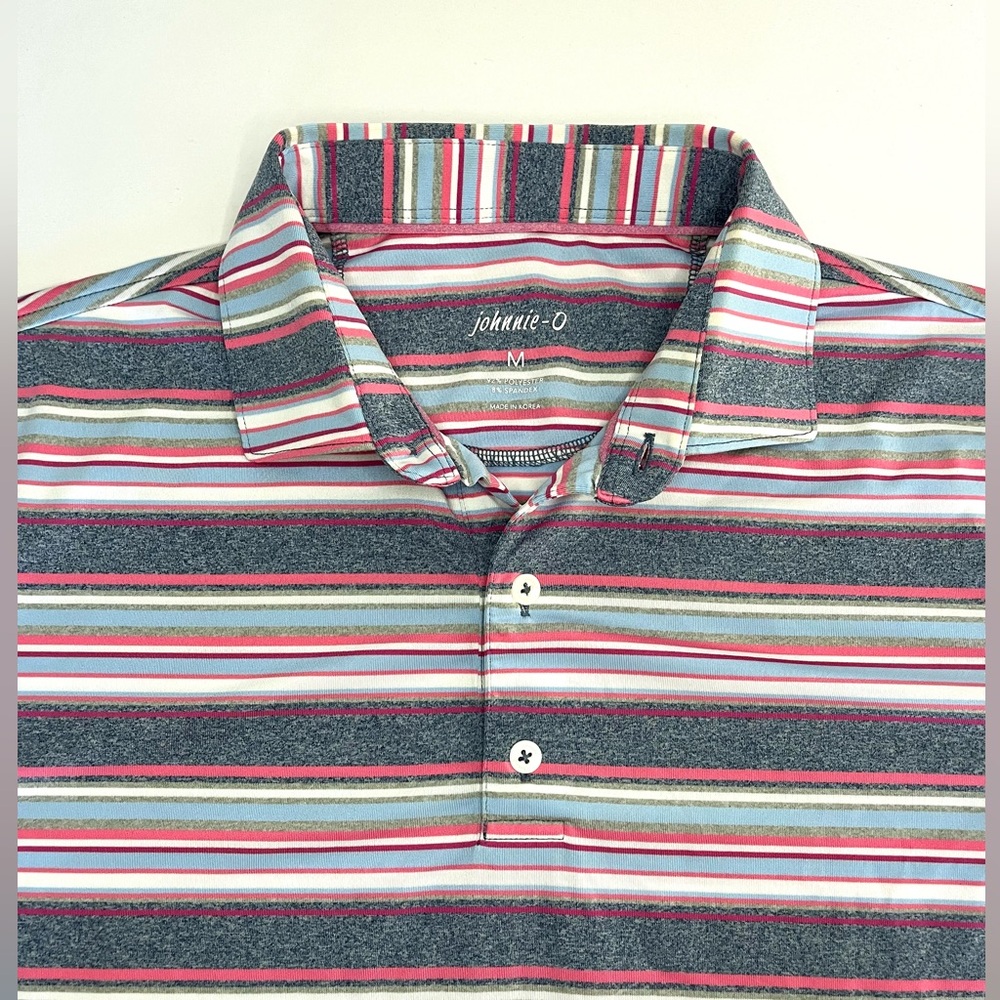Johnnie O Men's Gray Pink Striped M Stretch Golf Polo Shirt Monterey Peninsula